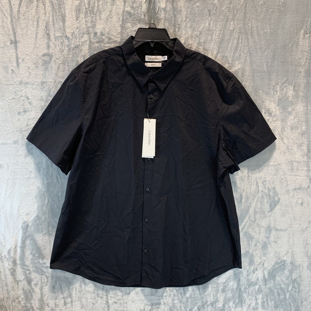 Calvin Klein Men's Button Up Short Sleeve Shirt 2XL Black Embroidered Logo 90s